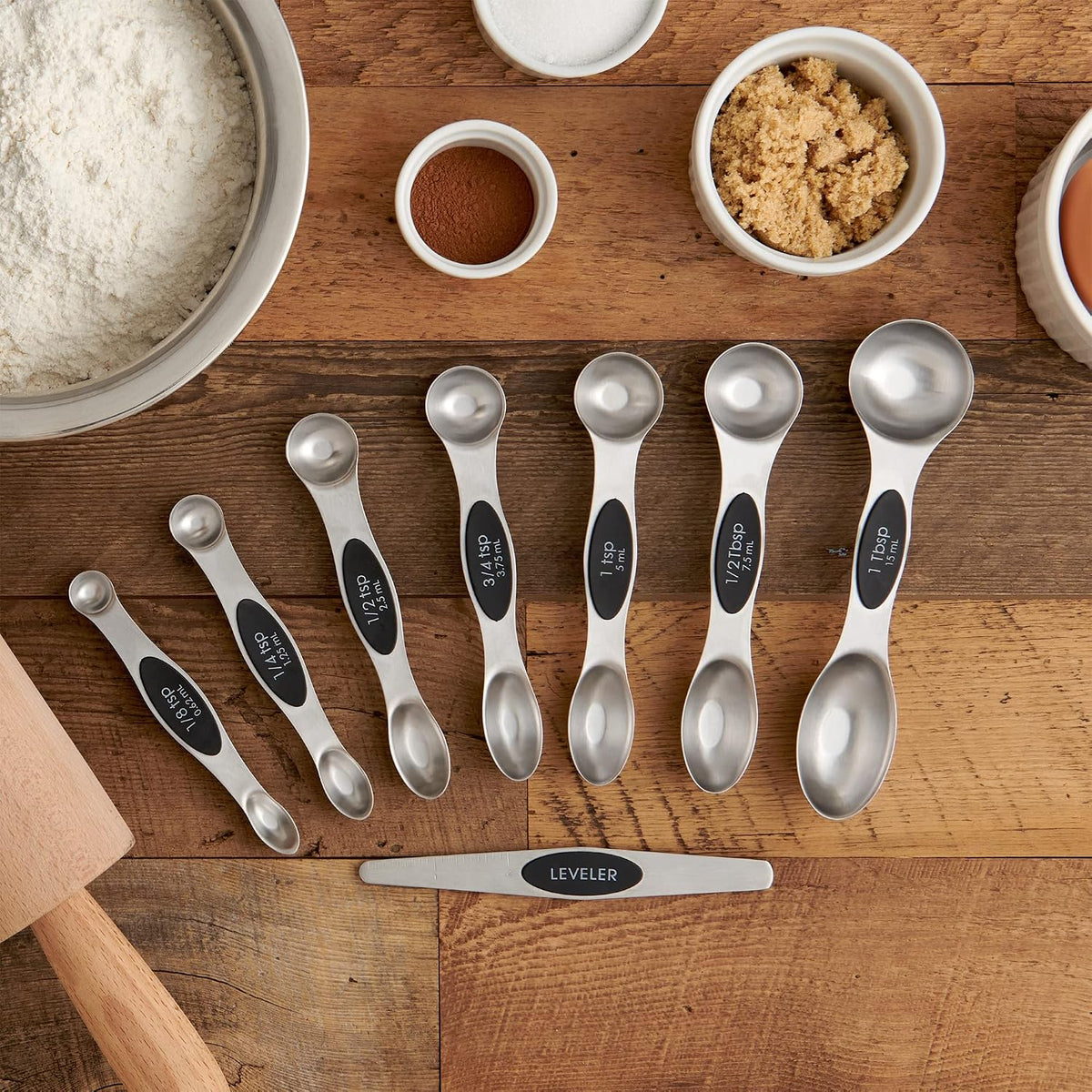 Dual-Sided Magnetic Measuring Spoons and Leveler, Heavyweight Stainless Steel, 8-Piece Set