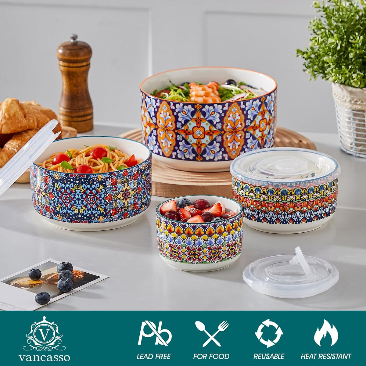 SIMI Serving Bowls with Lids, Ceramic Mixing Bowls Set of 4, Boho