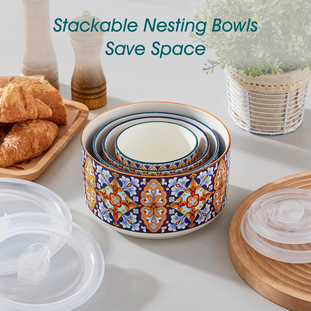 SIMI Serving Bowls with Lids, Ceramic Mixing Bowls Set of 4, Boho