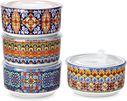 SIMI Serving Bowls with Lids, Ceramic Mixing Bowls Set of 4, Boho