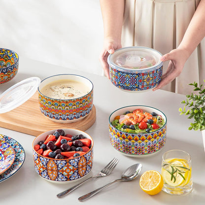 SIMI Serving Bowls with Lids, Ceramic Mixing Bowls Set of 4, Boho