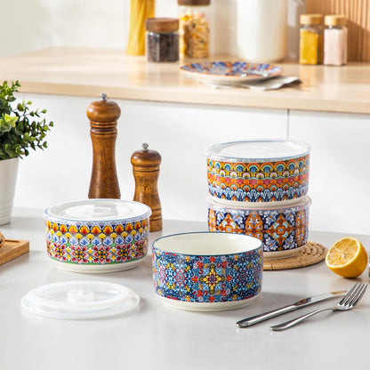 SIMI Serving Bowls with Lids, Ceramic Mixing Bowls Set of 4, Boho