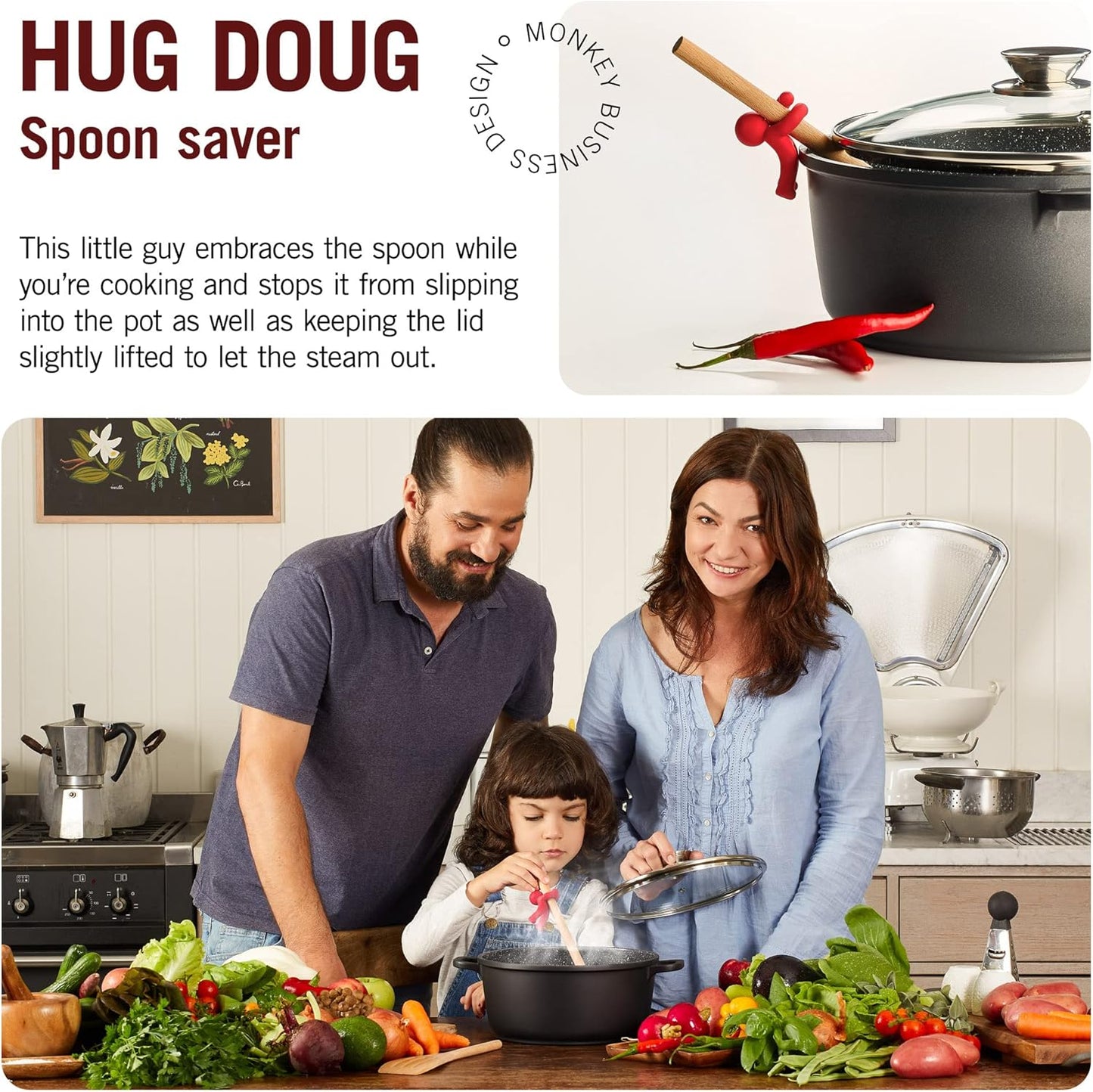 Hug Doug Spoon Saver | Spoon Holder and Lid Lifter Stopping The Spoon from Falling in | Silicone Spoon Rest | Stove Spoon Holder | Cool Kitchen Gadgets & Cute Kitchen Accessories | by Monkey Business