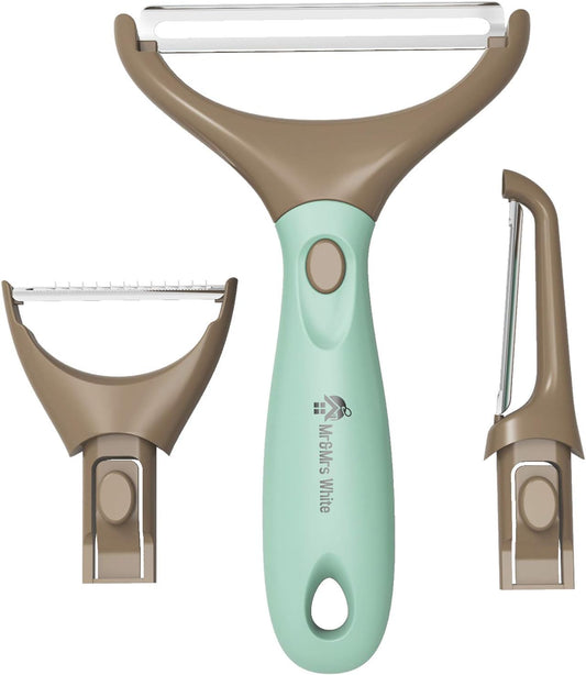 Premium 3-in-1 Vegetable Peeler Set - Sharp Stainless Steel Blades with Interchangeable Handle, Straight, Julienne & Wide Peelers – Space-Saving,Multifunctional Design for Effortless Kitchen Prep