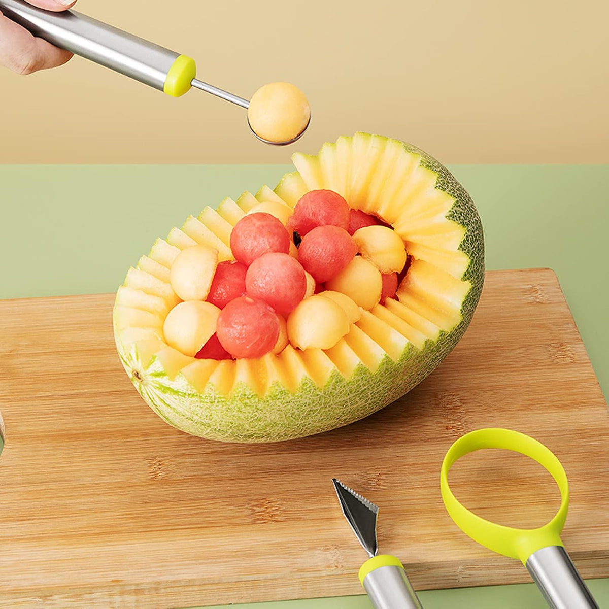 Cantaloupe cutter,watermelon baller,Set 3-in-1 Set for Home, Use for Hami melon、Fruit Cutting and Fruit Sacking Supplies Watermelon Digging Ball shaped triangular V-shaped watermelon tool
