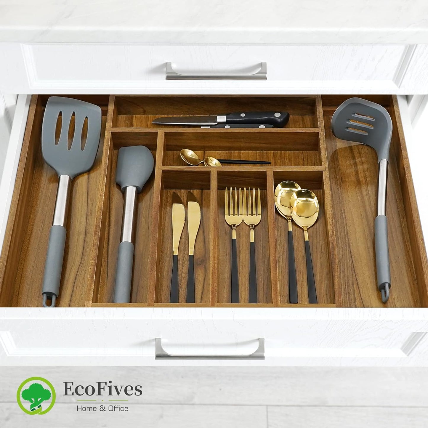 Luxury Acacia Kitchen Drawer Organizer - Silverware Organizer - Utensil Holder and Cutlery Tray with Grooved Drawer Dividers for Flatware and Kitchen Utensils (8 Slot), 17*12.4*2 inch