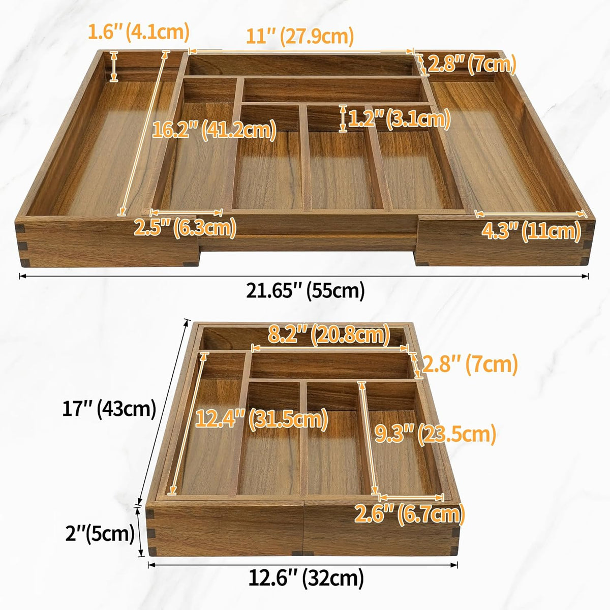Luxury Acacia Kitchen Drawer Organizer - Silverware Organizer - Utensil Holder and Cutlery Tray with Grooved Drawer Dividers for Flatware and Kitchen Utensils (8 Slot), 17*12.4*2 inch