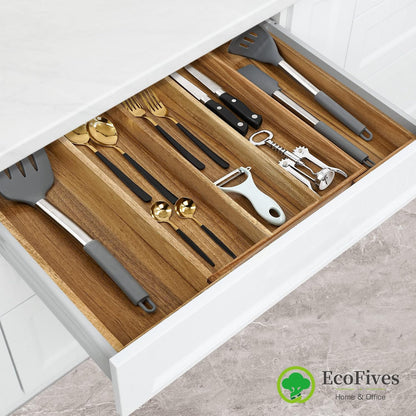 Luxury Acacia Kitchen Drawer Organizer - Silverware Organizer - Utensil Holder and Cutlery Tray with Grooved Drawer Dividers for Flatware and Kitchen Utensils (8 Slot), 17*12.4*2 inch