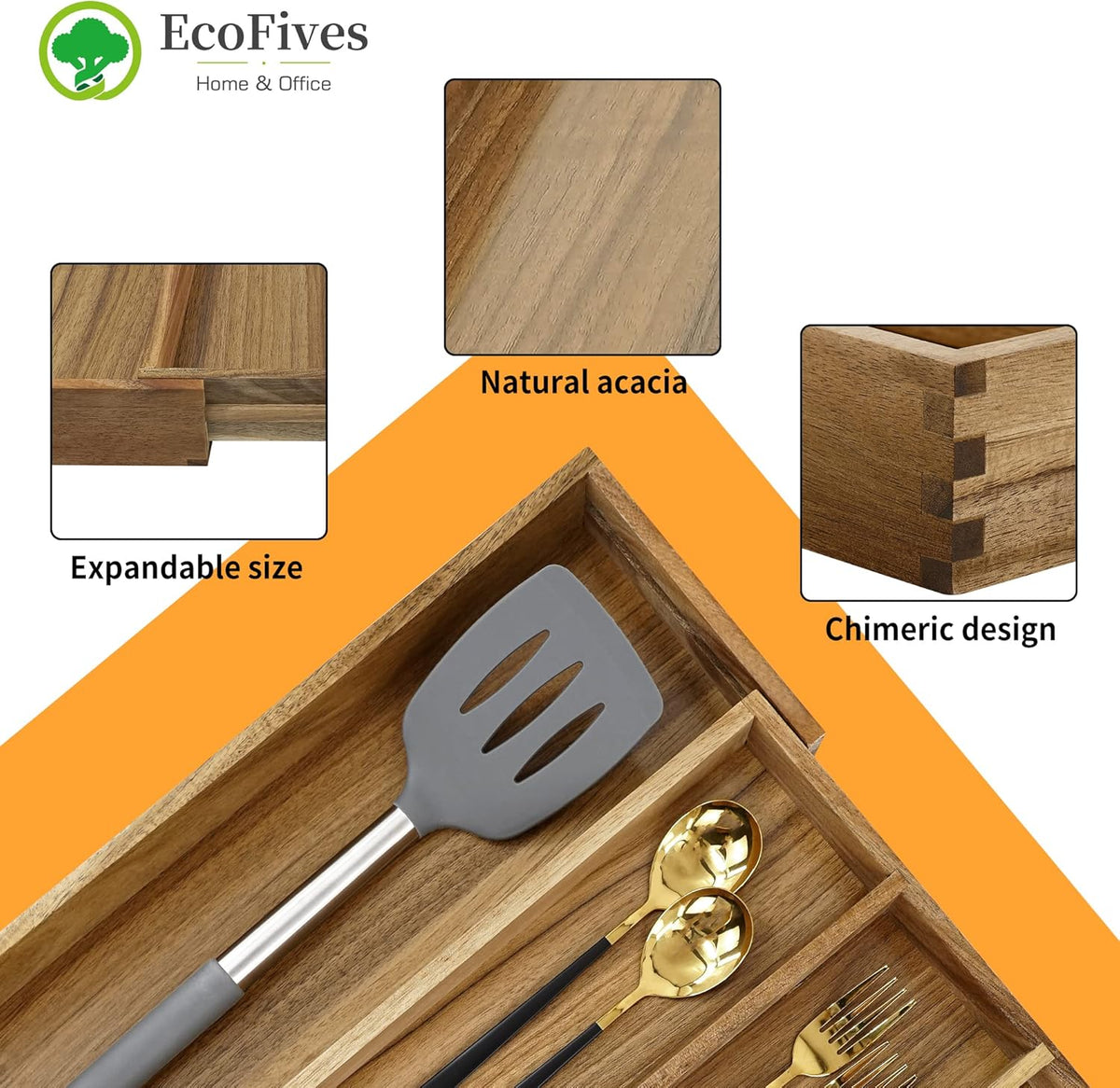 Luxury Acacia Kitchen Drawer Organizer - Silverware Organizer - Utensil Holder and Cutlery Tray with Grooved Drawer Dividers for Flatware and Kitchen Utensils (8 Slot), 17*12.4*2 inch