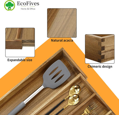 Luxury Acacia Kitchen Drawer Organizer - Silverware Organizer - Utensil Holder and Cutlery Tray with Grooved Drawer Dividers for Flatware and Kitchen Utensils (8 Slot), 17*12.4*2 inch