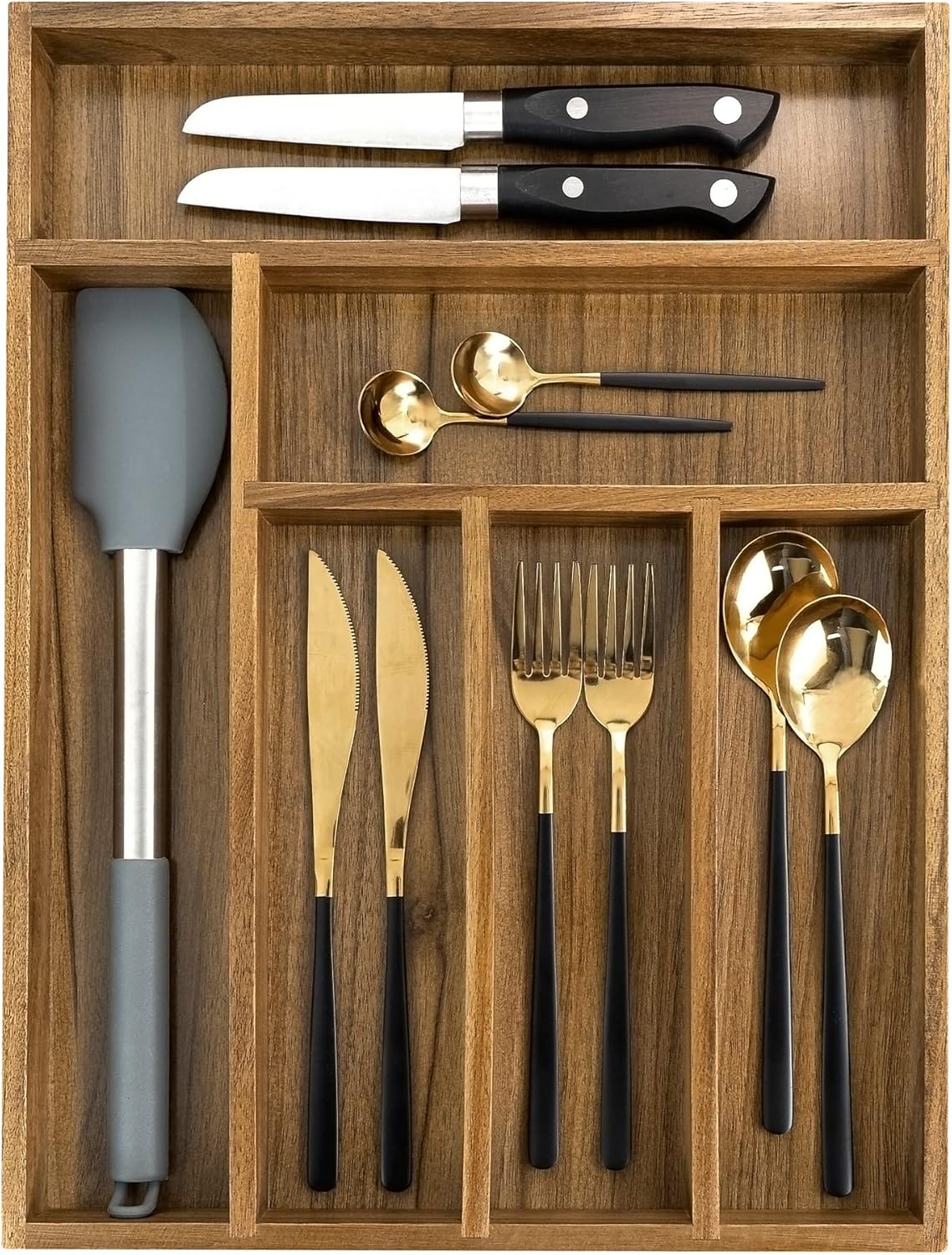 Luxury Acacia Kitchen Drawer Organizer - Silverware Organizer - Utensil Holder and Cutlery Tray with Grooved Drawer Dividers for Flatware and Kitchen Utensils (8 Slot), 17*12.4*2 inch