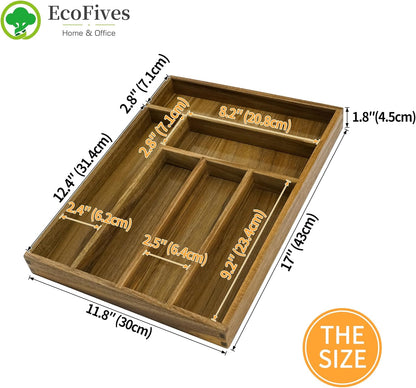 Luxury Acacia Kitchen Drawer Organizer - Silverware Organizer - Utensil Holder and Cutlery Tray with Grooved Drawer Dividers for Flatware and Kitchen Utensils (8 Slot), 17*12.4*2 inch