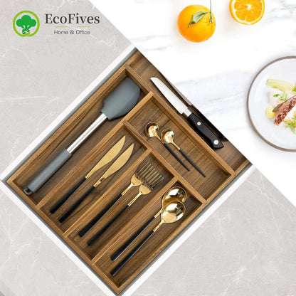 Luxury Acacia Kitchen Drawer Organizer - Silverware Organizer - Utensil Holder and Cutlery Tray with Grooved Drawer Dividers for Flatware and Kitchen Utensils (8 Slot), 17*12.4*2 inch
