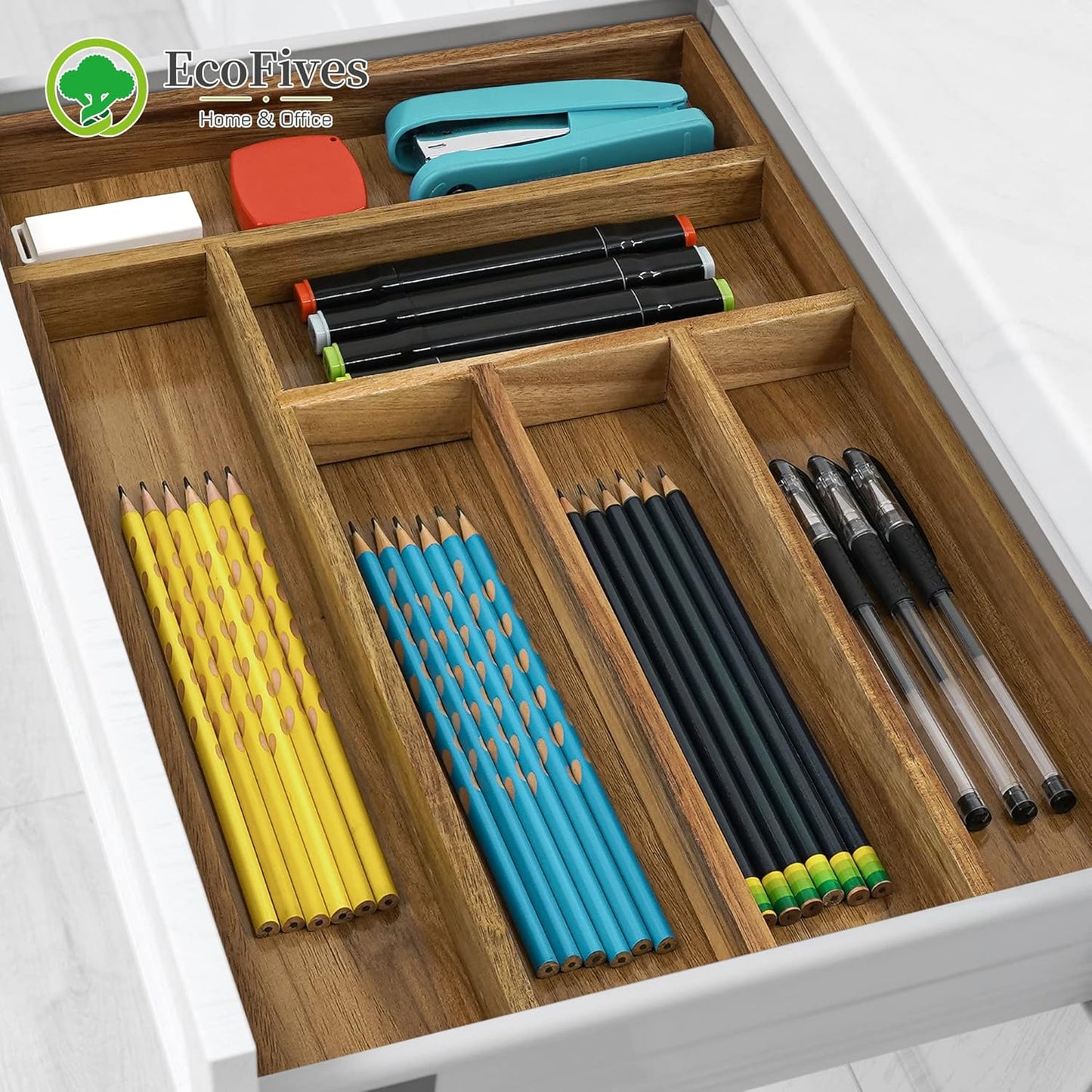 Luxury Acacia Kitchen Drawer Organizer - Silverware Organizer - Utensil Holder and Cutlery Tray with Grooved Drawer Dividers for Flatware and Kitchen Utensils (8 Slot), 17*12.4*2 inch