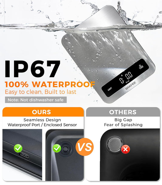 Waterproof Food Scale, 22lb Kitchen Scale, IP67, Rechargeable, Black | 1g Precision, Premium Stainless Steel & Tempered Glass, Clear LED Display, 6 Units, Tare, for Cooking, Making Sourdough Bread