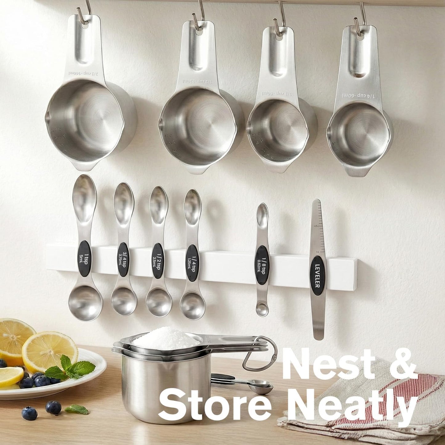 Measuring Cups and Spoons Set, 304 Stainless Steel Measuring Cups Set of 7,8 Magnetic Stainless Steel Measuring Spoons & 1 Leveler for for Measure Dry and Liquid Ingredients