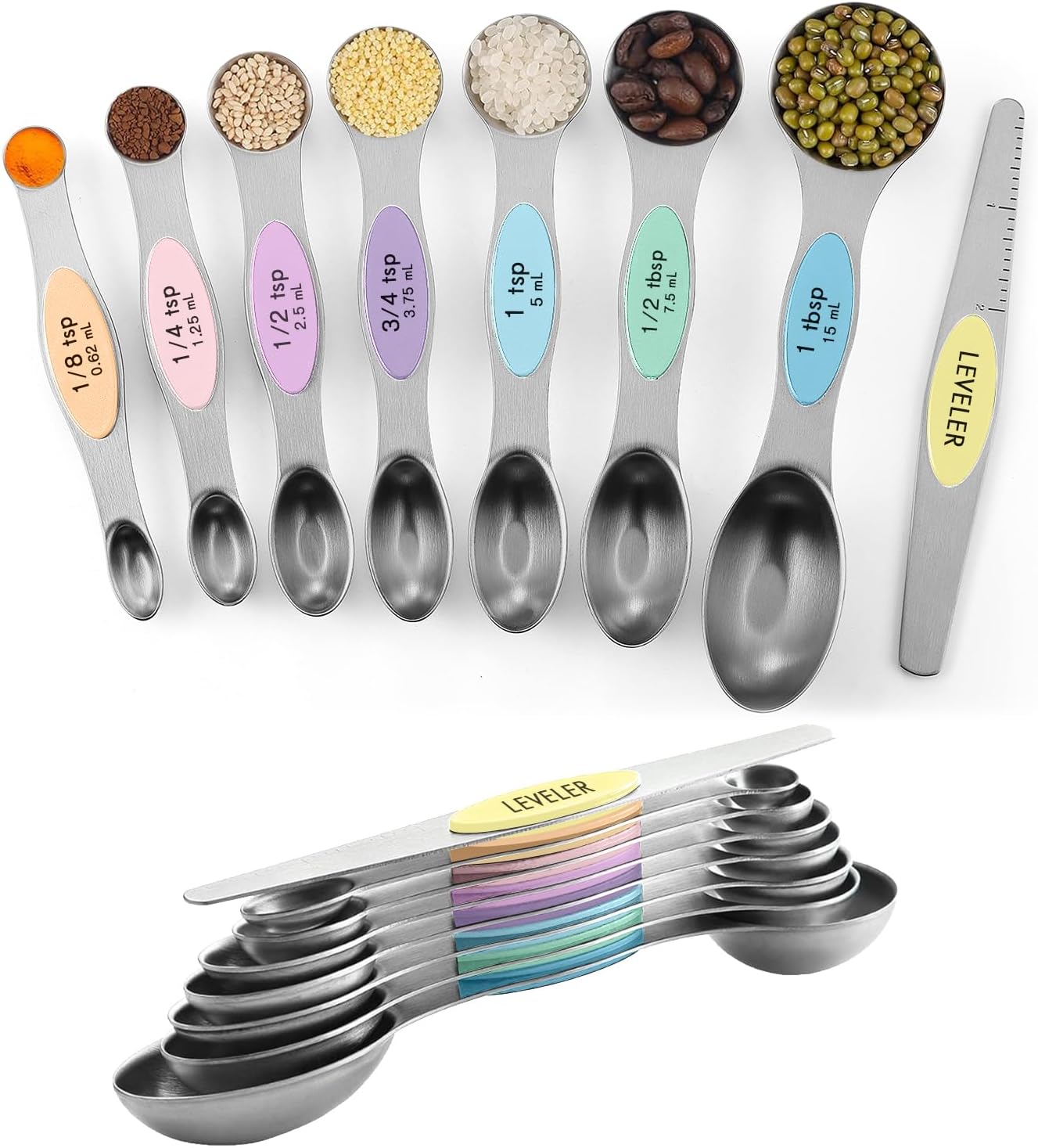 Measuring Cups and Spoons Set, 304 Stainless Steel Measuring Cups Set of 7,8 Magnetic Stainless Steel Measuring Spoons & 1 Leveler for for Measure Dry and Liquid Ingredients
