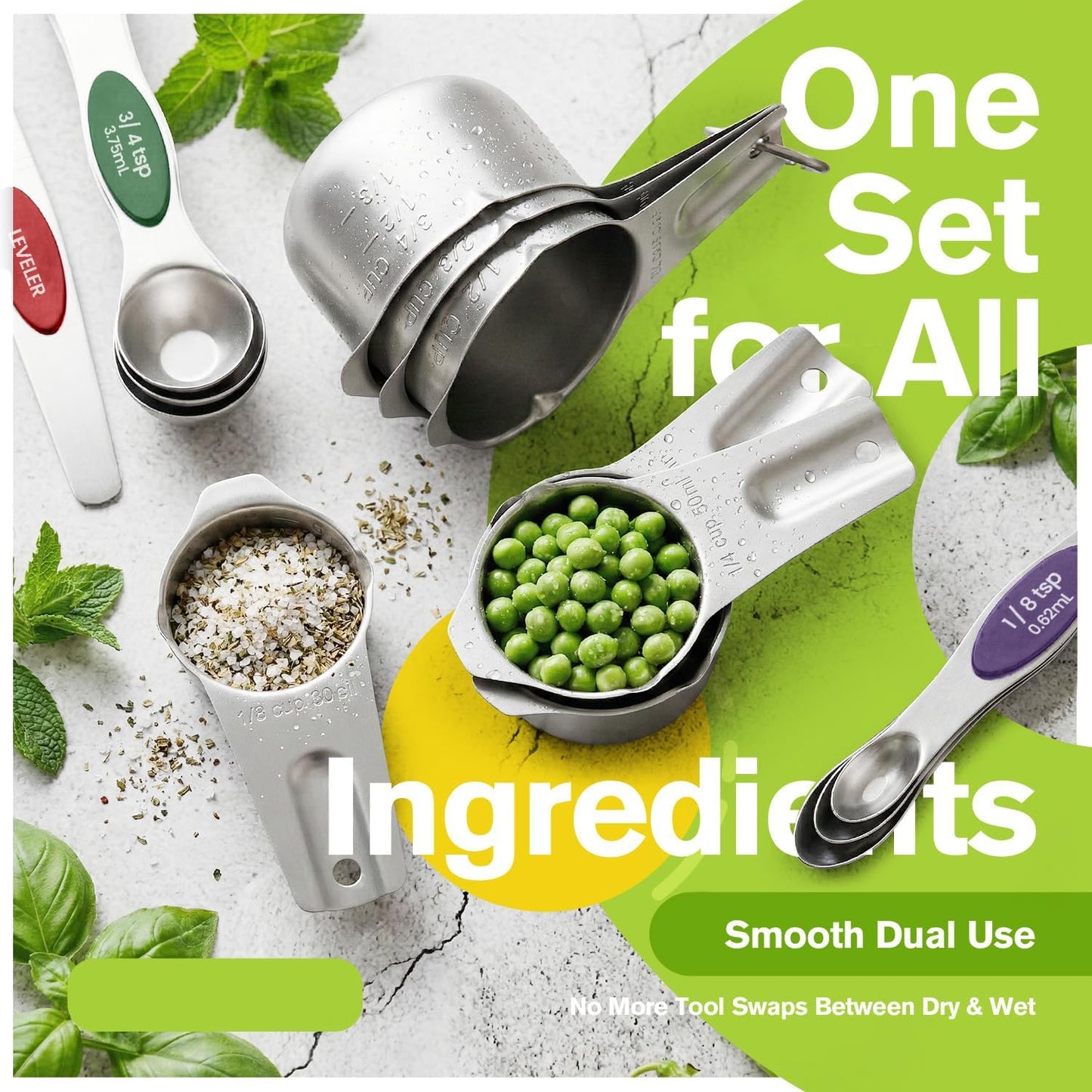 Measuring Cups and Spoons Set, 304 Stainless Steel Measuring Cups Set of 7,8 Magnetic Stainless Steel Measuring Spoons & 1 Leveler for for Measure Dry and Liquid Ingredients