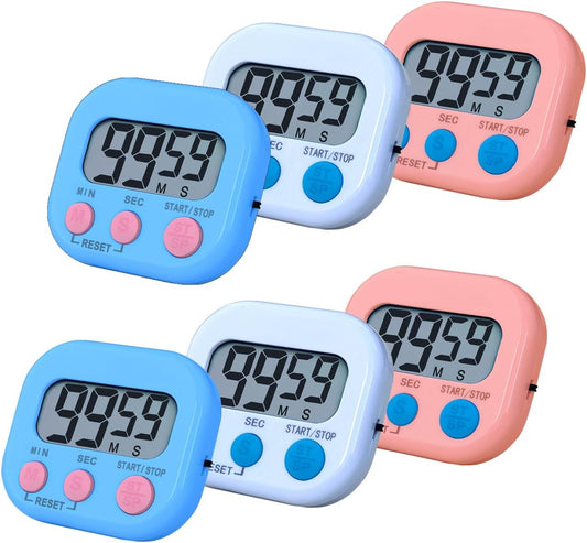 Digital Kitchen Timer, Electronic Timer with Clear LCD Screen Count Up and Down Function 3 Big Buttons On/Off Switch Button for Kitchen, Study, Work, Exercise Training (6, 3 Colors)