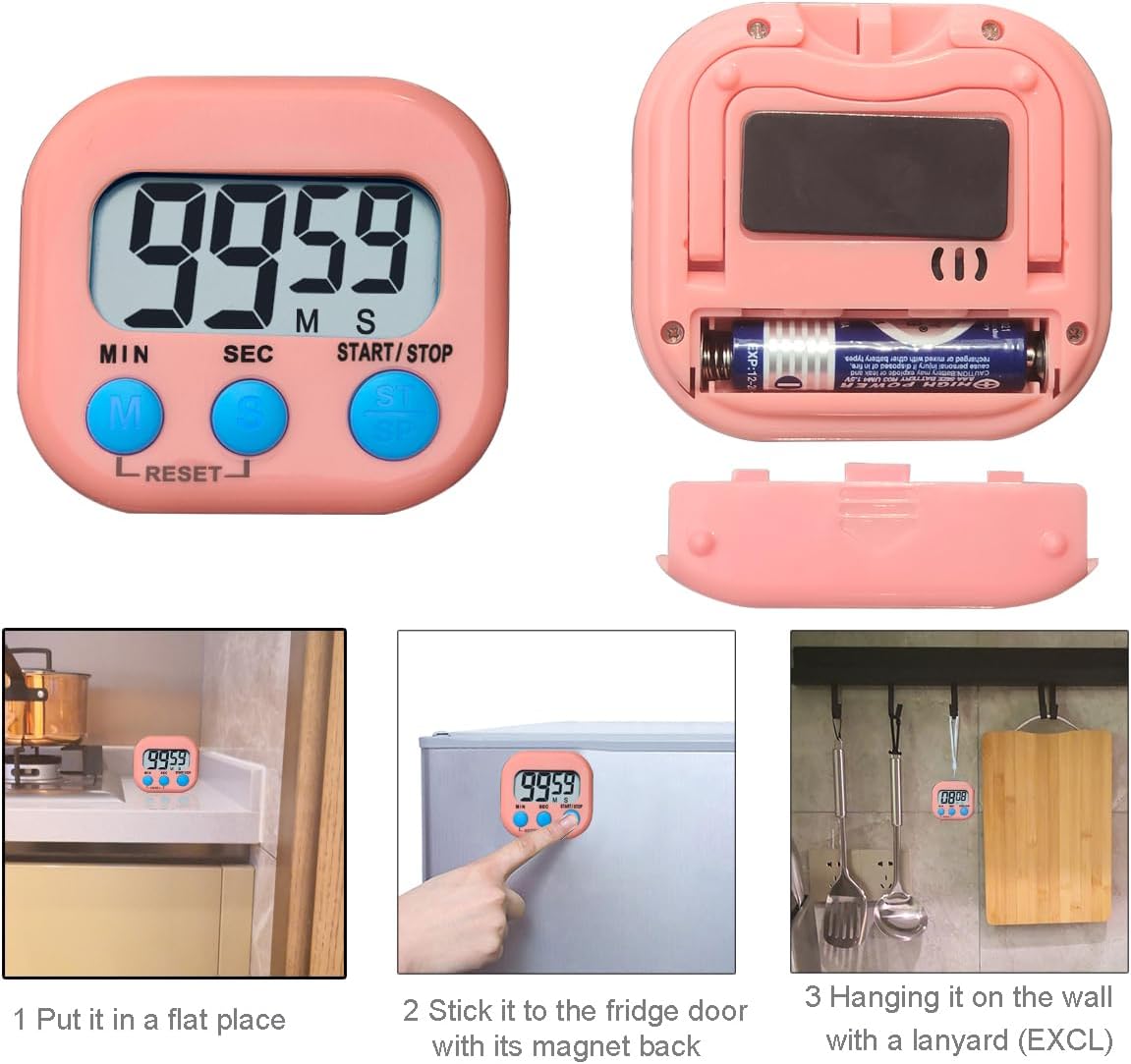 Digital Kitchen Timer, Electronic Timer with Clear LCD Screen Count Up and Down Function 3 Big Buttons On/Off Switch Button for Kitchen, Study, Work, Exercise Training (6, 3 Colors)