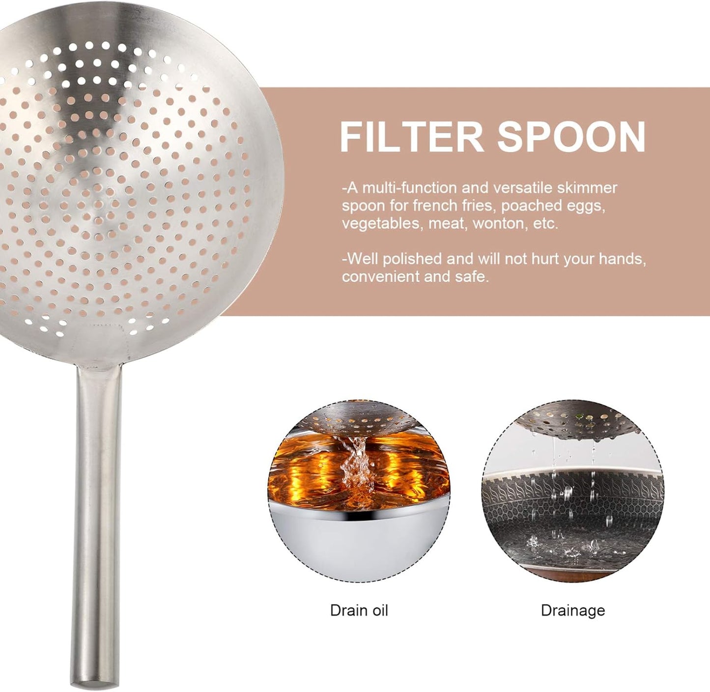 Thickened Stainless Steel Skimmer Spoon Large Strainer with Fine Mesh Filter Ladle for Frying Pasta Vegetables Poached Eggs Cooking Kitchen Gadget