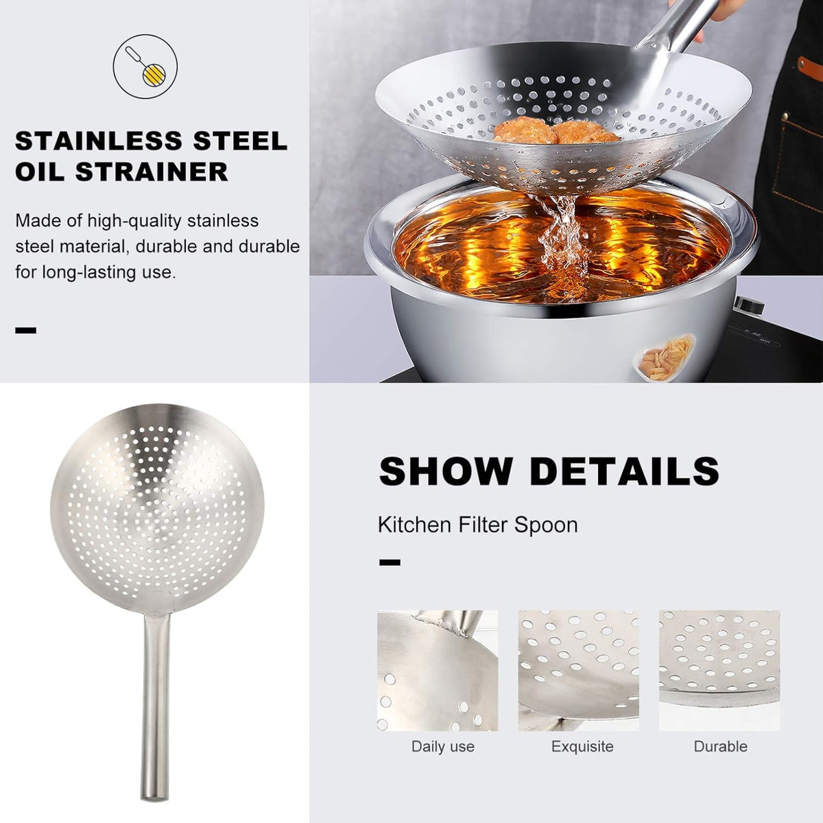 Thickened Stainless Steel Skimmer Spoon Large Strainer with Fine Mesh Filter Ladle for Frying Pasta Vegetables Poached Eggs Cooking Kitchen Gadget