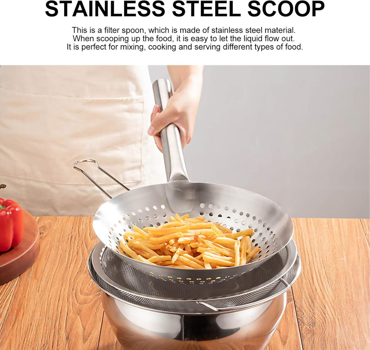 Thickened Stainless Steel Skimmer Spoon Large Strainer with Fine Mesh Filter Ladle for Frying Pasta Vegetables Poached Eggs Cooking Kitchen Gadget
