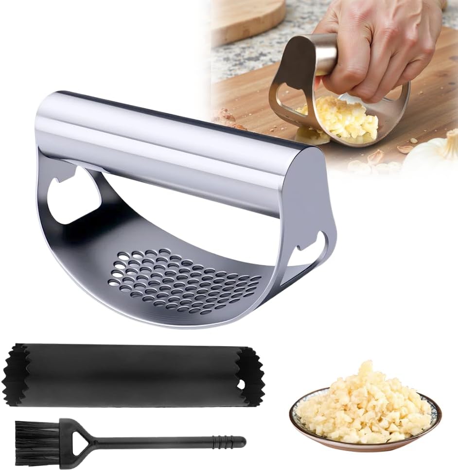 Stainless Steel Garlic Press, 2025 Upgraded Garlic Press Stainless Steel, Garlic Press Rocker, Portable Manual Garlic Crusher, Stainless Steel Garlic Mincer tool with Peeler and Brush (1)