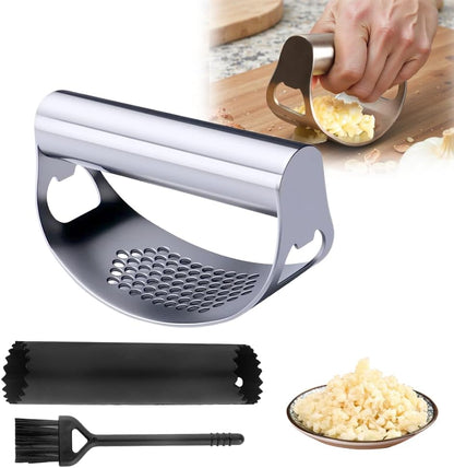 Stainless Steel Garlic Press, 2025 Upgraded Garlic Press Stainless Steel, Garlic Press Rocker, Portable Manual Garlic Crusher, Stainless Steel Garlic Mincer tool with Peeler and Brush (1)