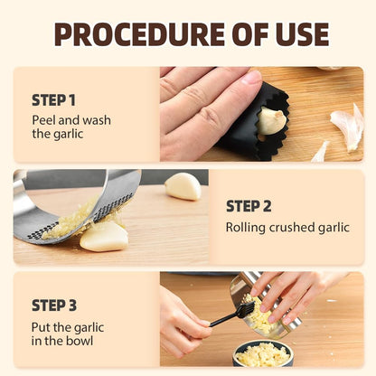 Stainless Steel Garlic Press, 2025 Upgraded Garlic Press Stainless Steel, Garlic Press Rocker, Portable Manual Garlic Crusher, Stainless Steel Garlic Mincer tool with Peeler and Brush (1)