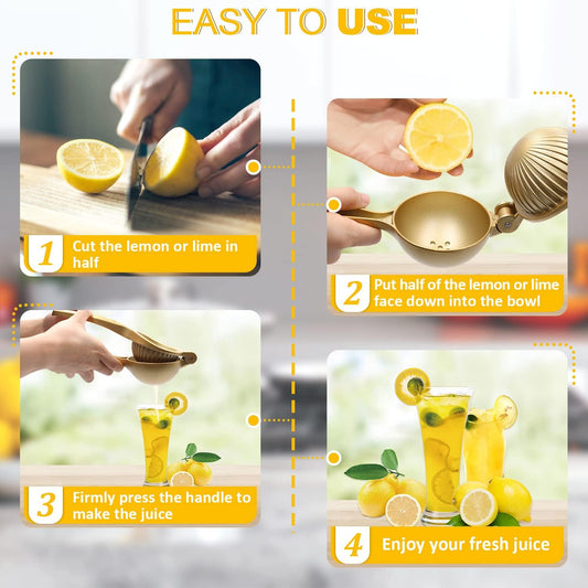 Lemon Squeezer, Heavy Duty Zinc Alloy Manual Citrus Juicer and Lime Squeezer, Handheld Fruit Press for Maximum Juice Extraction, Easy to Clean Metal Hand Juicer for Cooking & Cocktails, Gold