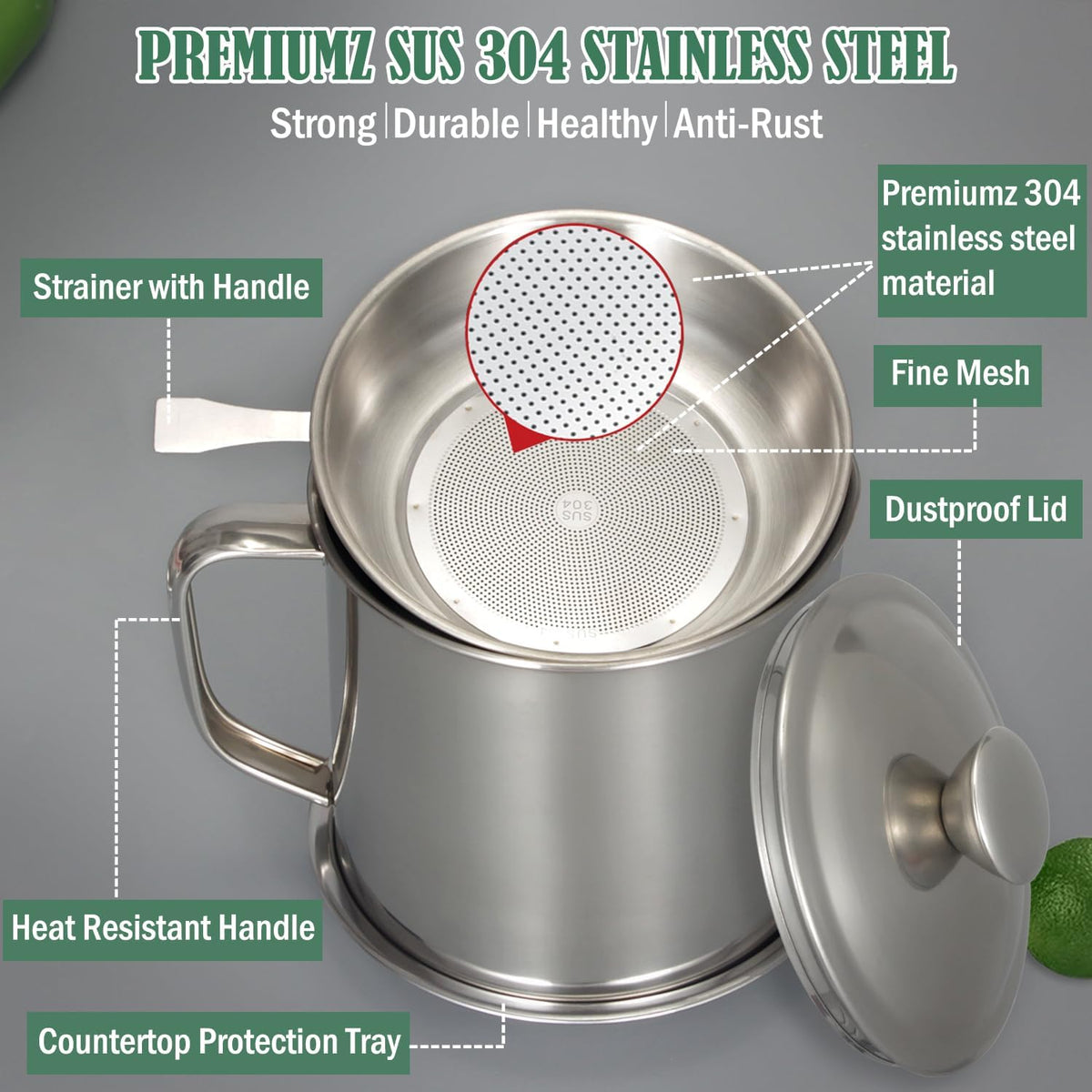 Bacon Grease Container with Strainer 42 oz for Kitchen Saver with Tray
