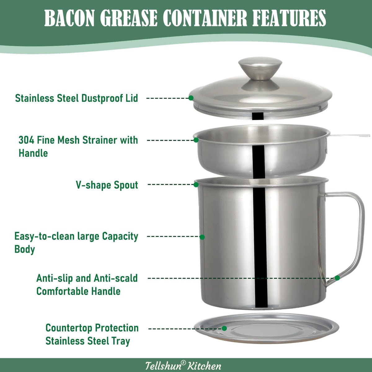 Bacon Grease Container with Strainer 42 oz for Kitchen Saver with Tray
