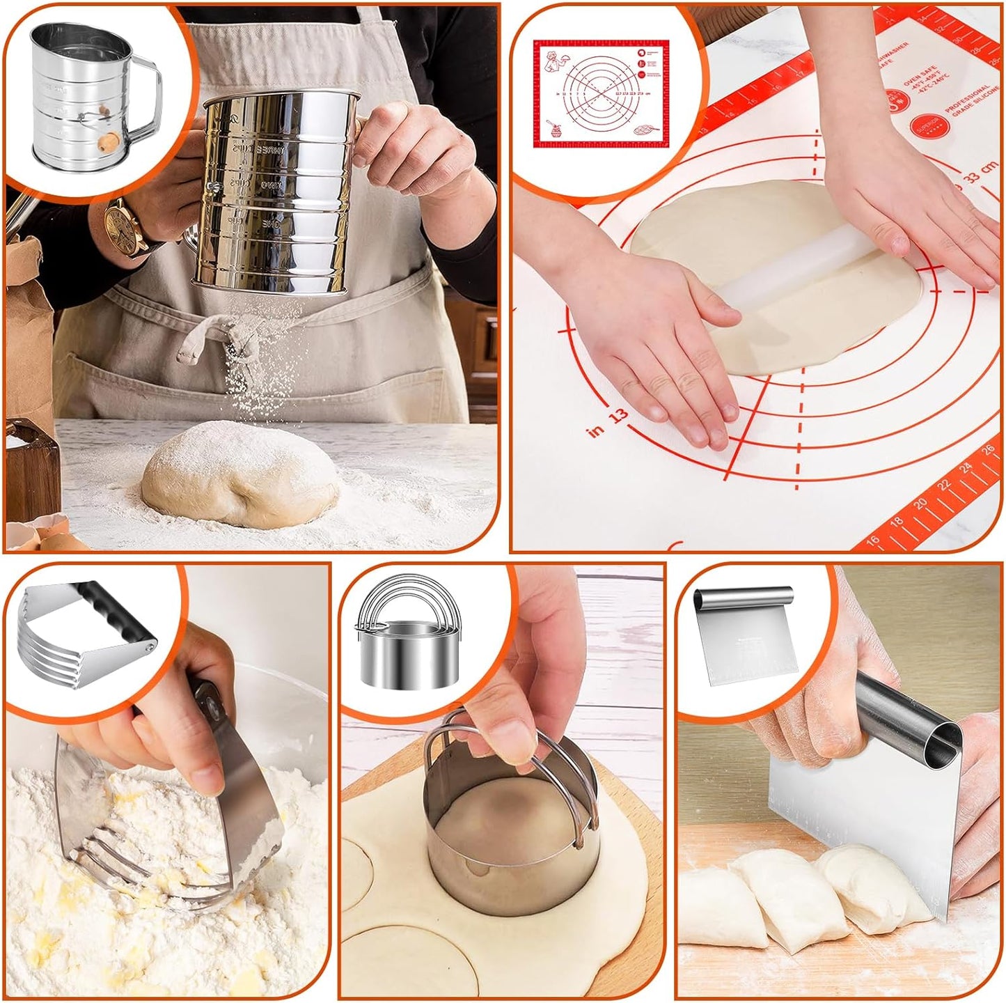Stainless Steel Biscuit Cutter Set, Pastry Scraper and Dough Blender, Sturdy & Long-Lasting with Ergonomic Rubber Grip, Baking Dough Tools for Cooking Cookies and Donuts, Cakes, or Making Pancakes