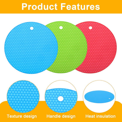 3pcs Silicone Jar Opener Pads 7" Non-Slip Coasters Orange/Blue/Gray