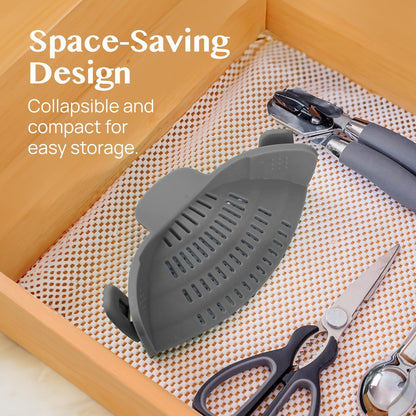 Snap N' Strain - Silicone Pasta Strainer Clip-On for Pots and Pans - Heat Resistant Colander for Vegetables and Noodles - Kitchen Gadgets for Cooking - Space-Saving Design - Gray