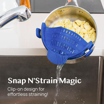 Snap N' Strain - Silicone Pasta Strainer Clip-On for Pots and Pans - Heat Resistant Colander for Vegetables and Noodles - Kitchen Gadgets for Cooking - Space-Saving Design - Gray