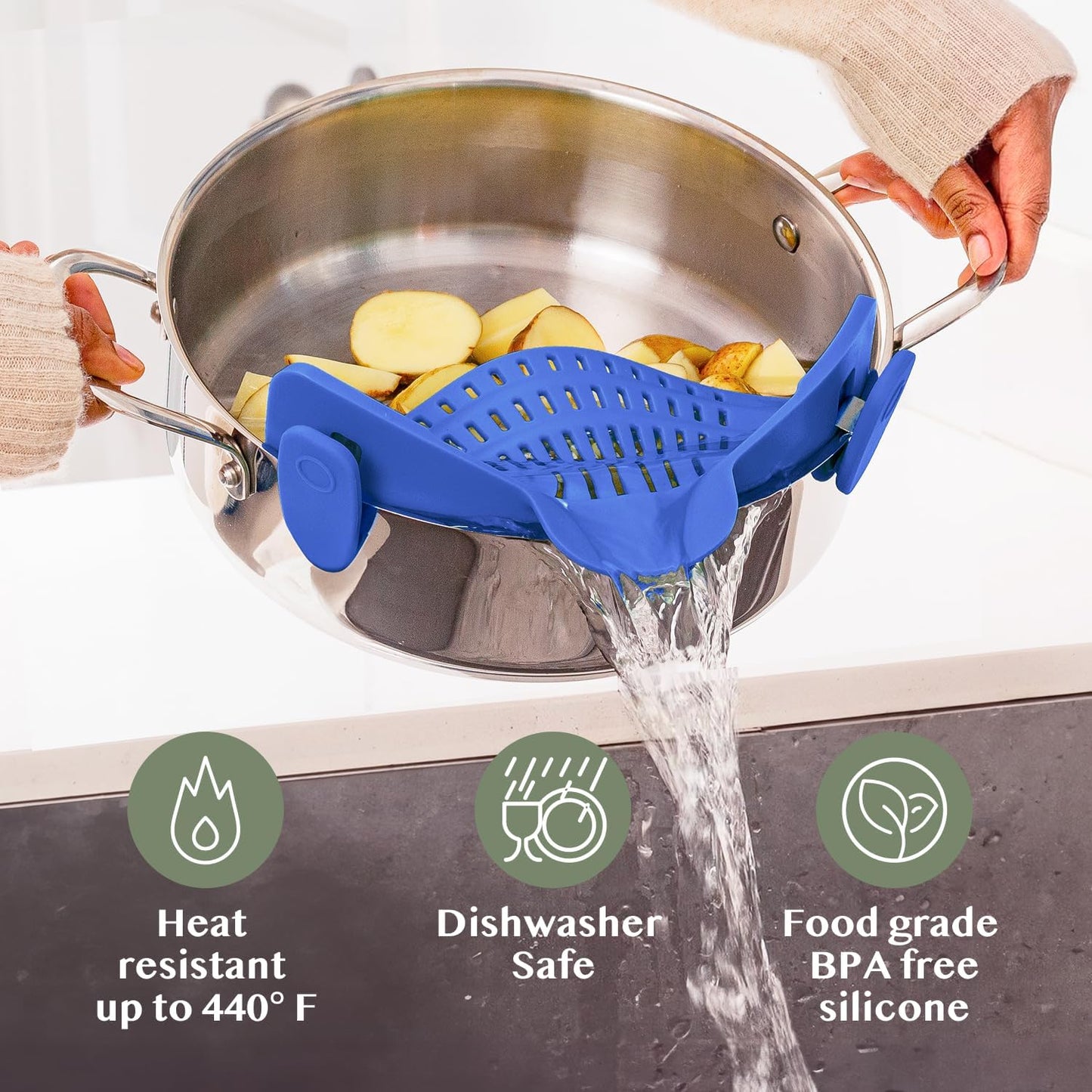 Snap N' Strain - Silicone Pasta Strainer Clip-On for Pots and Pans - Heat Resistant Colander for Vegetables and Noodles - Kitchen Gadgets for Cooking - Space-Saving Design - Gray