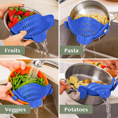 Snap N' Strain - Silicone Pasta Strainer Clip-On for Pots and Pans - Heat Resistant Colander for Vegetables and Noodles - Kitchen Gadgets for Cooking - Space-Saving Design - Gray