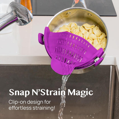 Snap N' Strain - Silicone Pasta Strainer Clip-On for Pots and Pans - Heat Resistant Colander for Vegetables and Noodles - Kitchen Gadgets for Cooking - Space-Saving Design - Gray