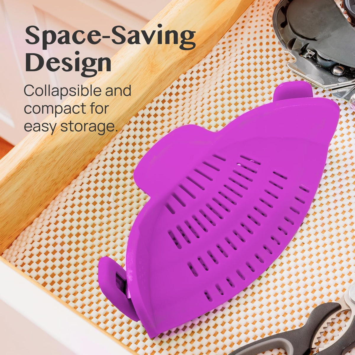 Snap N' Strain - Silicone Pasta Strainer Clip-On for Pots and Pans - Heat Resistant Colander for Vegetables and Noodles - Kitchen Gadgets for Cooking - Space-Saving Design - Gray