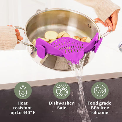 Snap N' Strain - Silicone Pasta Strainer Clip-On for Pots and Pans - Heat Resistant Colander for Vegetables and Noodles - Kitchen Gadgets for Cooking - Space-Saving Design - Gray