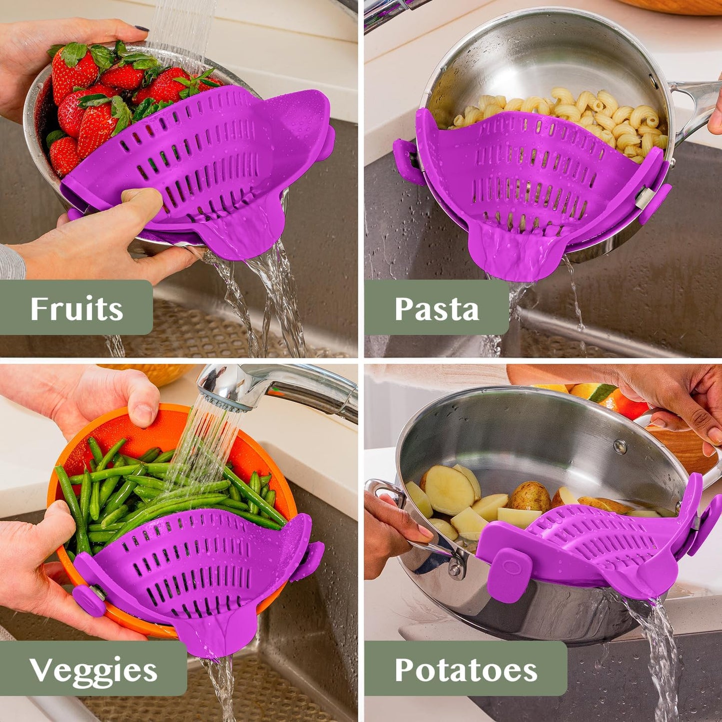 Snap N' Strain - Silicone Pasta Strainer Clip-On for Pots and Pans - Heat Resistant Colander for Vegetables and Noodles - Kitchen Gadgets for Cooking - Space-Saving Design - Gray