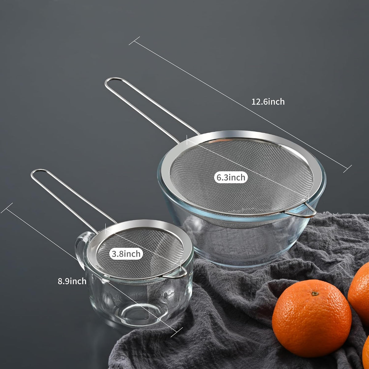 Fine Mesh Sieve Strainer Set, Stainless Steel, 6.3 and 3.94 Inch, with Grip Handles for Kitchen, Food Sifting, Noodles, Rice