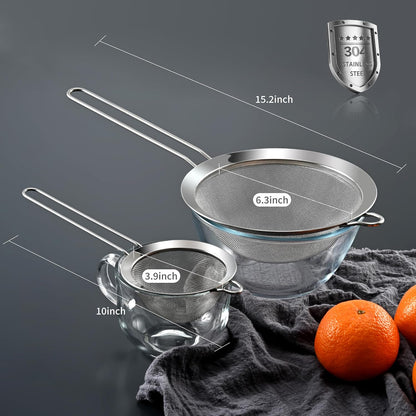 Fine Mesh Sieve Strainer Set, Stainless Steel, 6.3 and 3.94 Inch, with Grip Handles for Kitchen, Food Sifting, Noodles, Rice