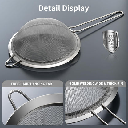 Fine Mesh Sieve Strainer Set, Stainless Steel, 6.3 and 3.94 Inch, with Grip Handles for Kitchen, Food Sifting, Noodles, Rice