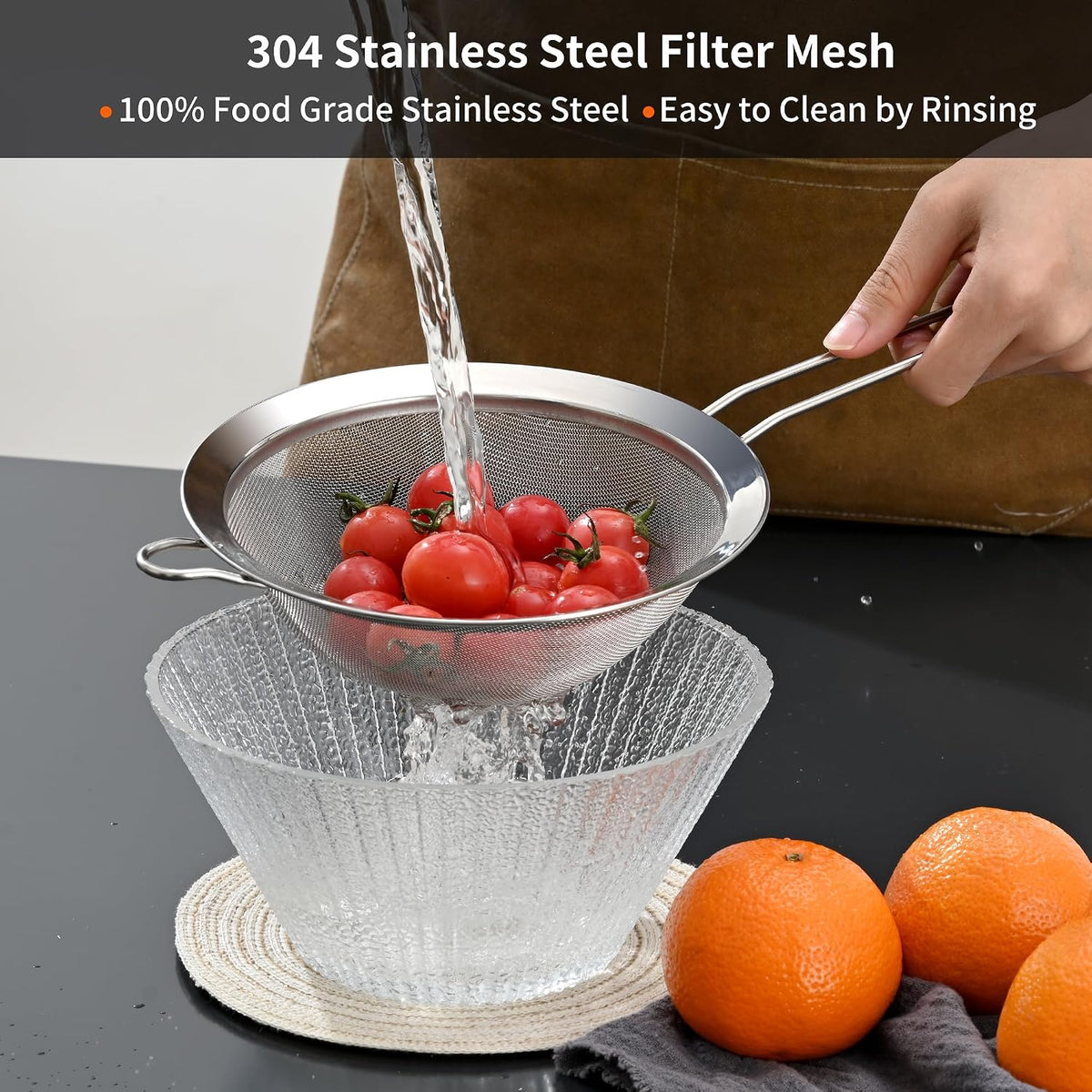 Fine Mesh Sieve Strainer Set, Stainless Steel, 6.3 and 3.94 Inch, with Grip Handles for Kitchen, Food Sifting, Noodles, Rice