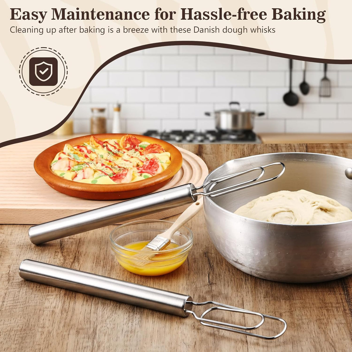 2 Pcs Danish Dough Whisks with Dough Hook for Sourdough Starter 12'' Stainless Steel Dutch Whisk - Reaching Bottom of Jar - Bread Whisk for Cooking, Whisking, Dishwasher