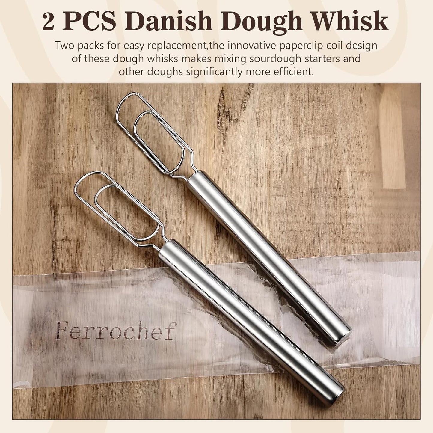 2 Pcs Danish Dough Whisks with Dough Hook for Sourdough Starter 12'' Stainless Steel Dutch Whisk - Reaching Bottom of Jar - Bread Whisk for Cooking, Whisking, Dishwasher