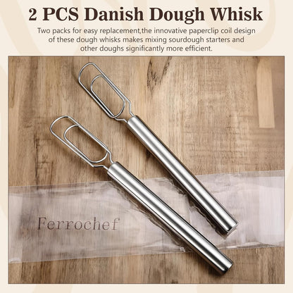 2 Pcs Danish Dough Whisks with Dough Hook for Sourdough Starter 12'' Stainless Steel Dutch Whisk - Reaching Bottom of Jar - Bread Whisk for Cooking, Whisking, Dishwasher